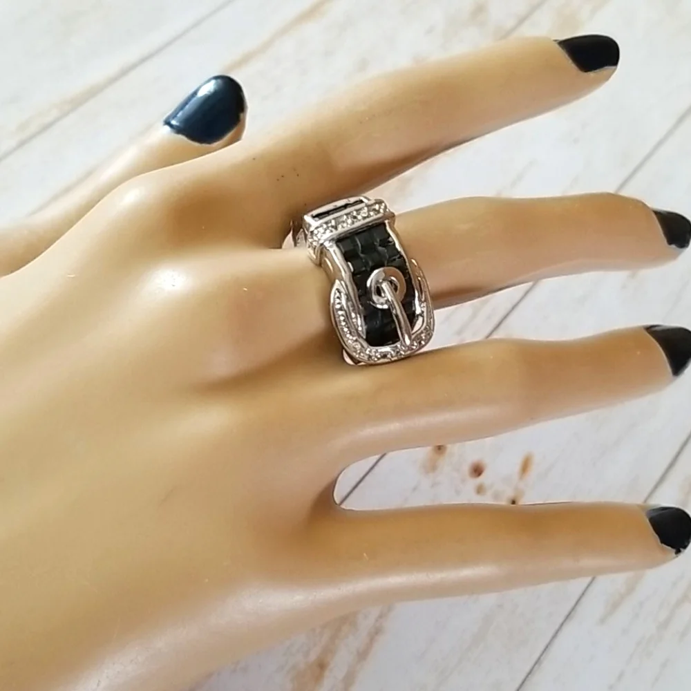 NWT Silver Tone and Black Crystal Rhinestone Belt Buckle Ring SZ 8 - Picture 13 of 16